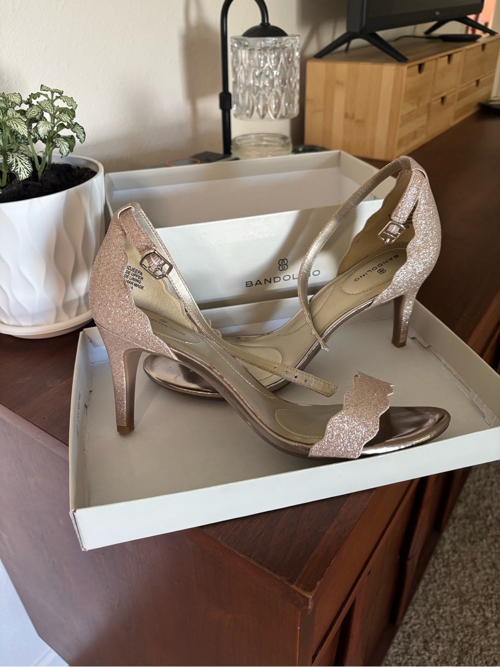 Bandolino Rose Gold Glitter Scalloped Ankle-Strap Heels